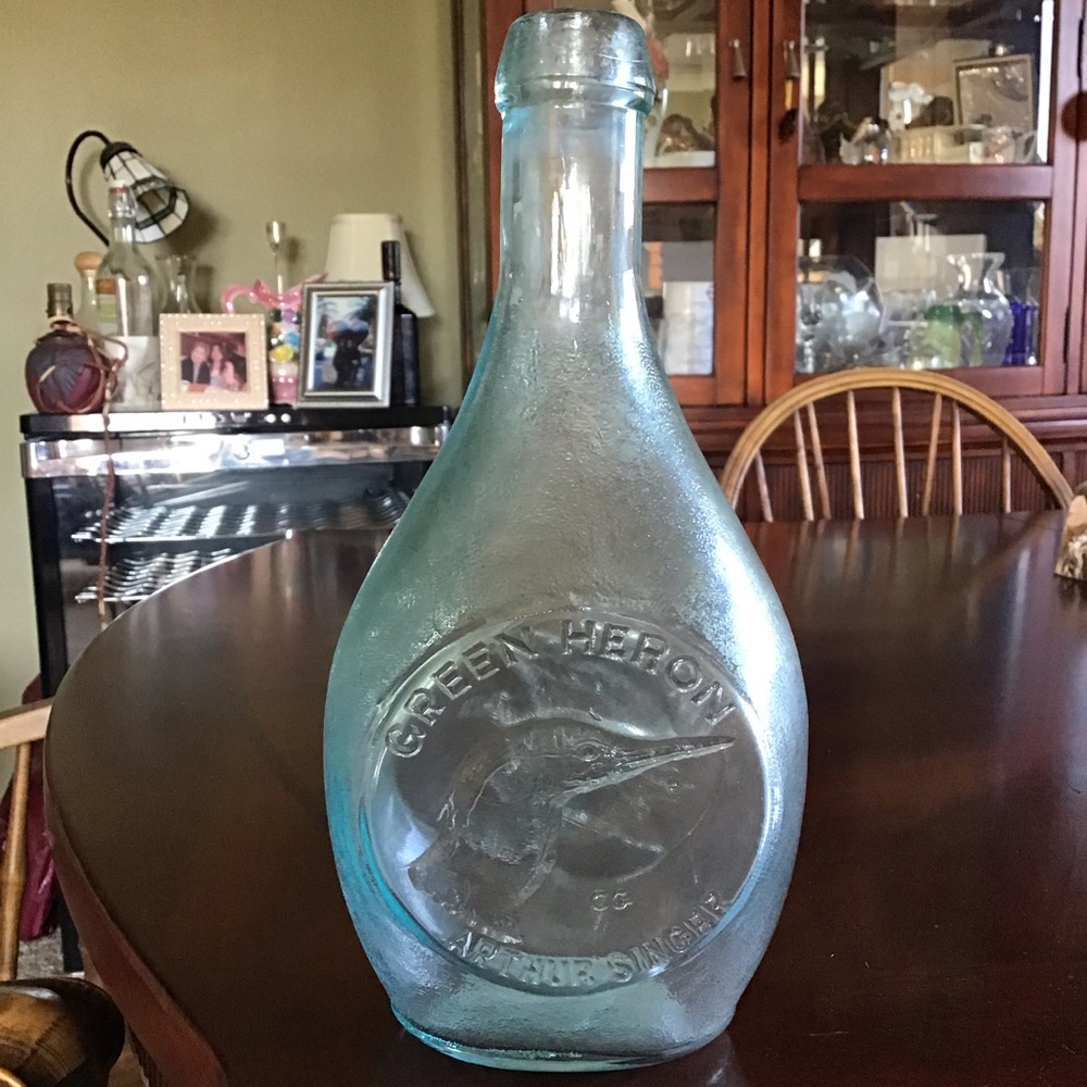 FINAL SALE Vintage Green Heron by Arthur Singer Glass Bottle